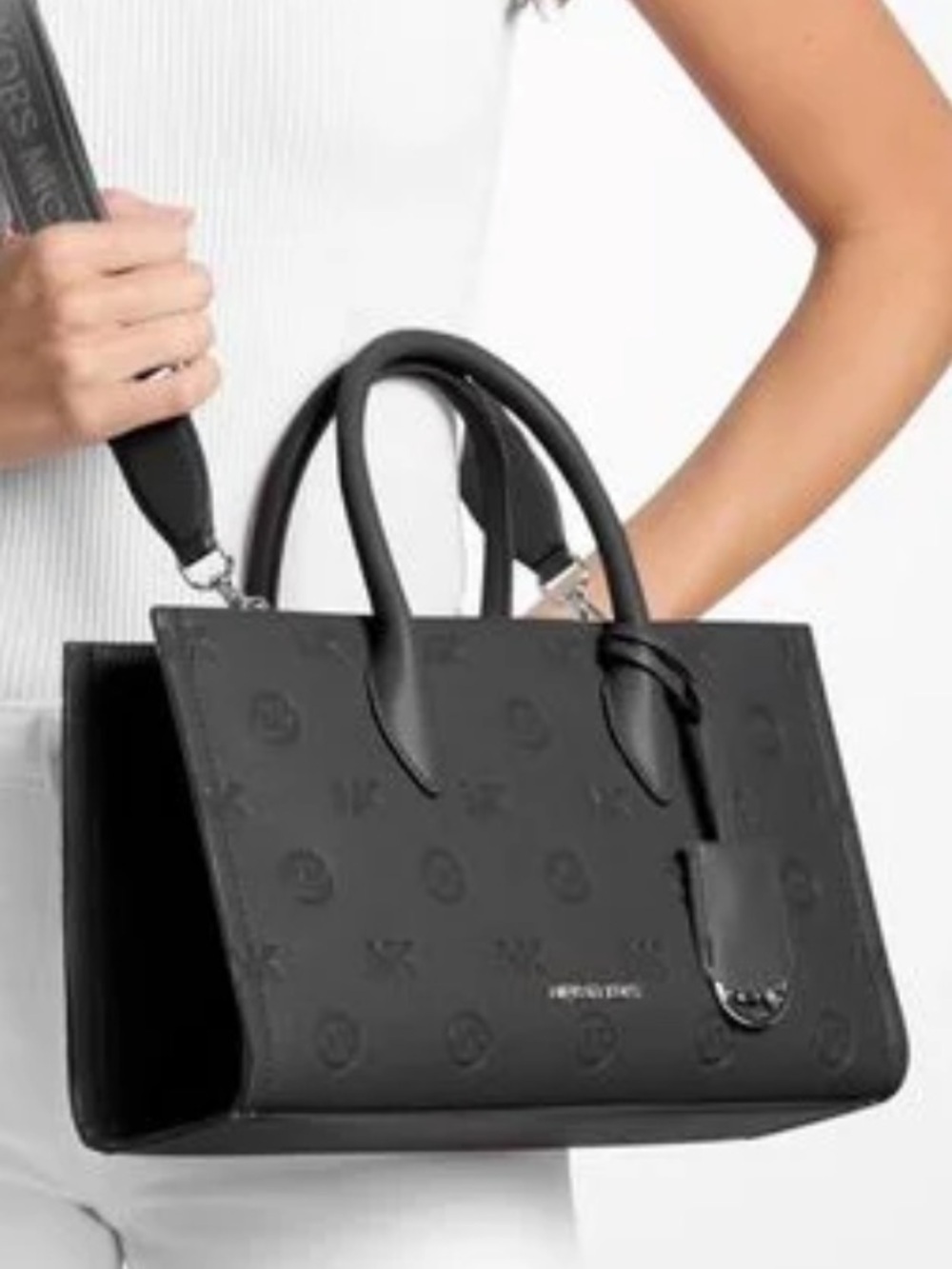 Michael Kors Mirella Md Logo Debossed EW Top Zip Satchel Shoulder Tote Black NWT